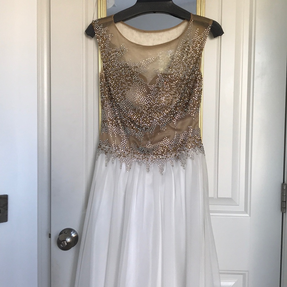 Stunning Cache Beaded White and Ivory Formal Gown